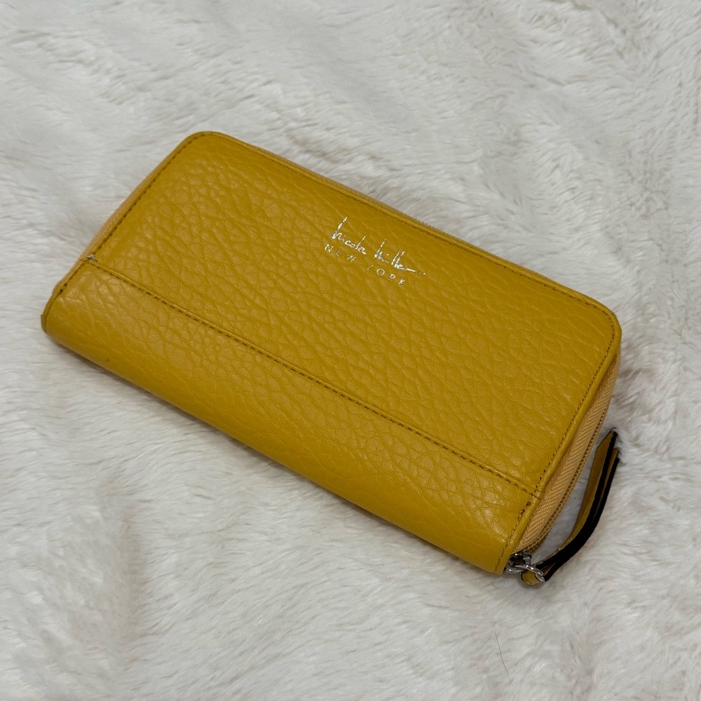 Nicole Miller Mustard Yellow Pebbled Leather Zip Around Wallet